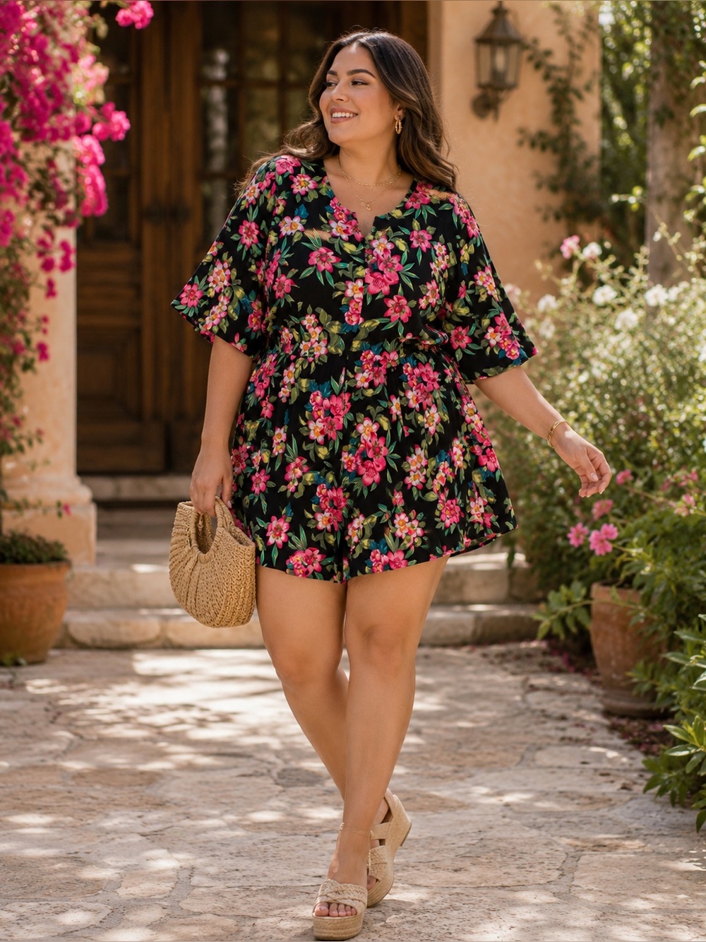 Ryn Deer 2X Black Floral Wide Leg Jumpsuit Pink Flowers Plus Size Boho